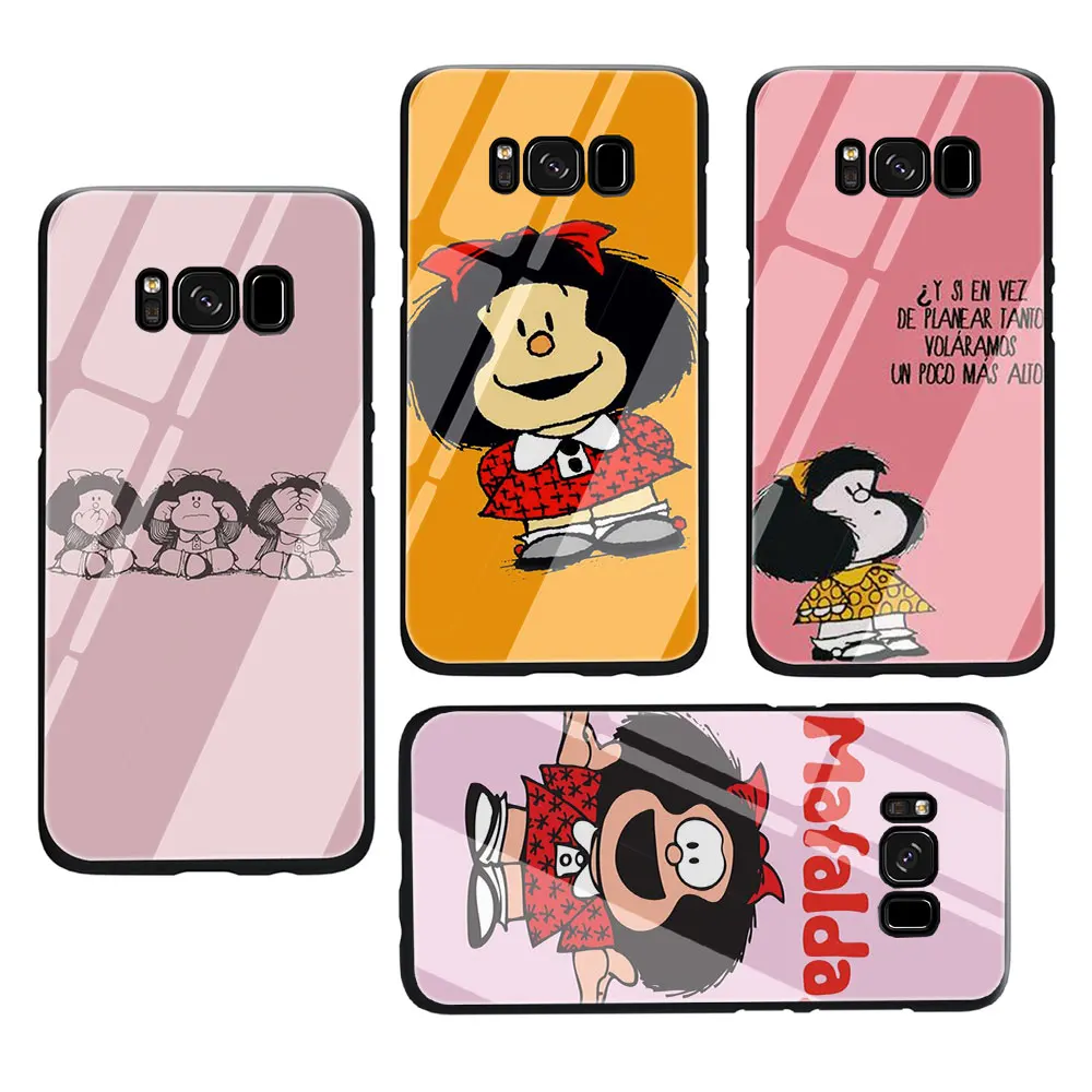 Mafalda закаленное Стекло Телефон чехол для Galaxy S7 edge S8 9 10 Plus, Note 8, 9, 10, A10 20 30 40 50 60 70