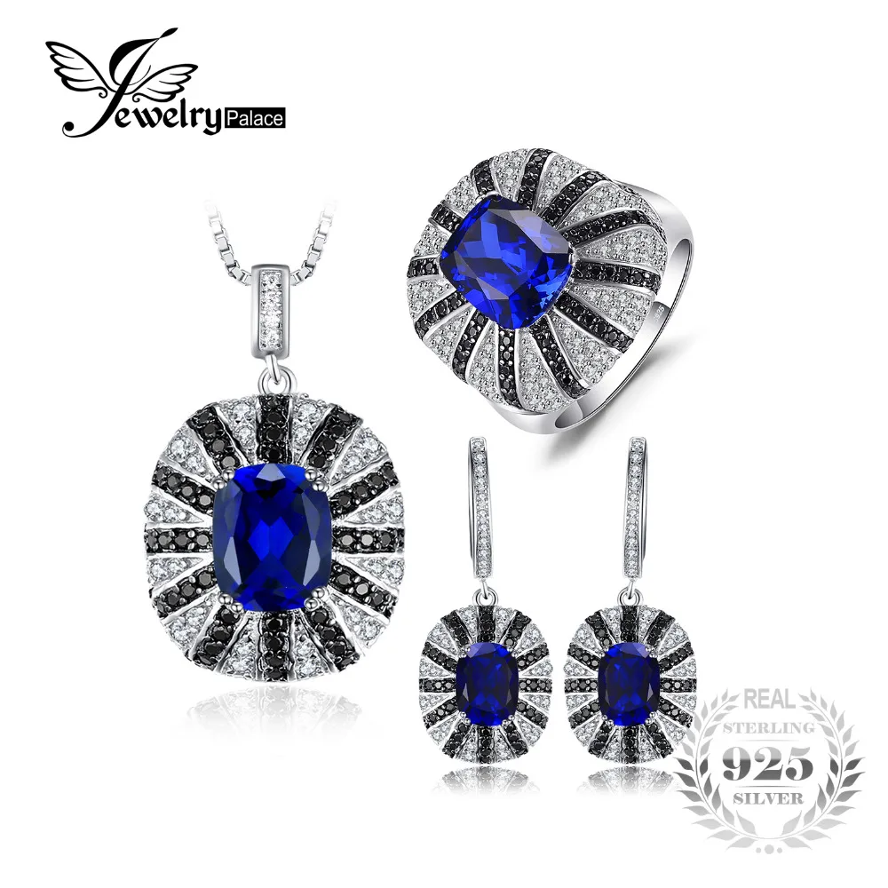 

Jewelrypalace Luxury Unique Women Spinel Cocktail Ring Pendant Earrings Blue Sapphire Jewelry Sets 925 Sterling Silver New Retro