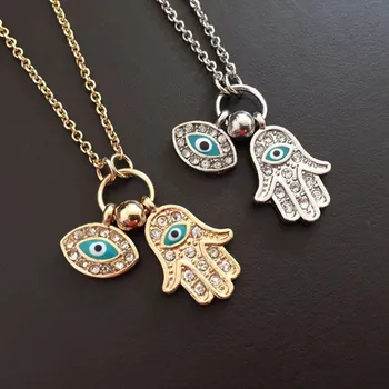 Hot Sale Vintage Arab Crystal Evil Eyes & Hamsa Hand Pendants Necklace Brand Luck Fatima Hand Gold Chain Statement Necklace