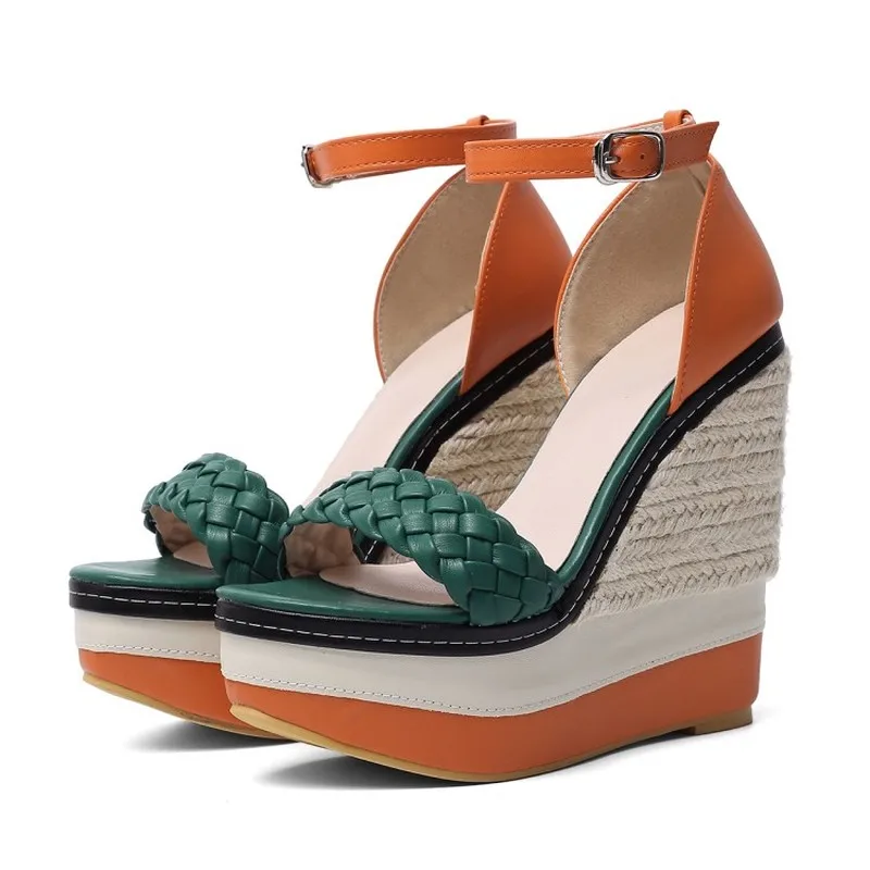 

Womens Open Toe Platform Wedge Super High Heel Braid Belt Ankle Buckle Shoes Pumps Match colors New Fashion A1220