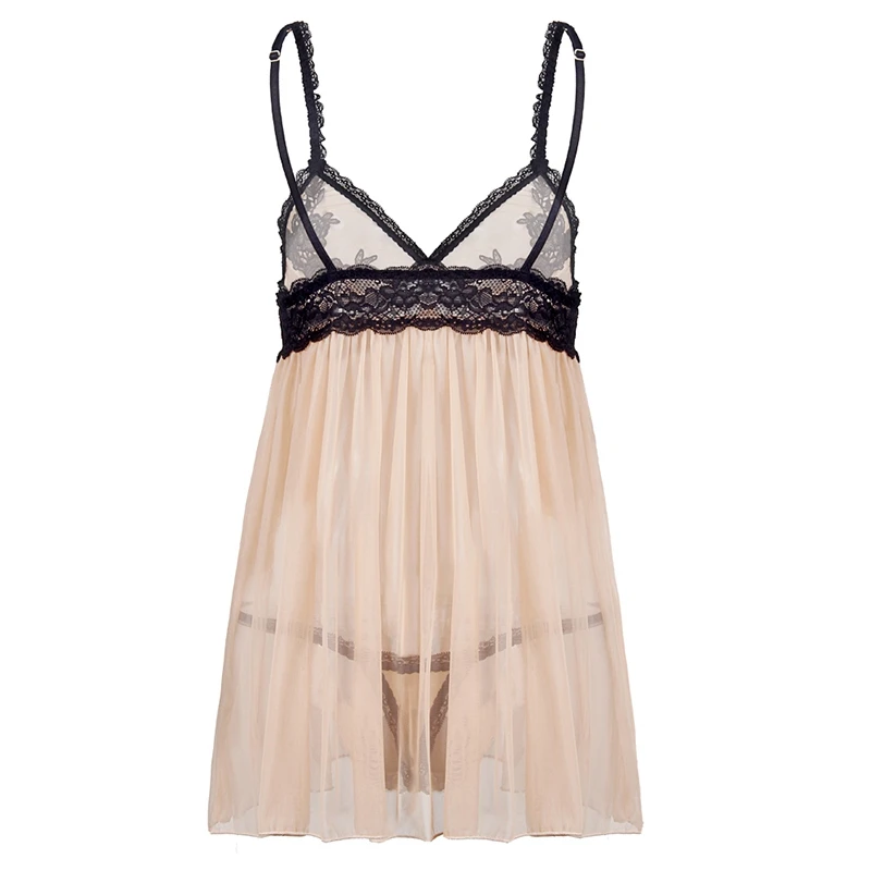 Lace Embroidery Sexy Nightgown Lady Strapless Lingerie Hot Erotic Backless Babydoll Dress + G-String Plus Size Underwear Costume