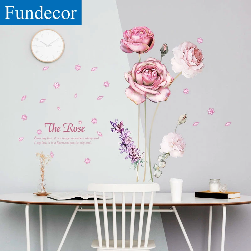 

[Fundecor] Pink Rose Flower Wall Stickers Home Decor Living Room Bedroom Interior Wall Decor Decals 3d Murals Art Self-Adhesive