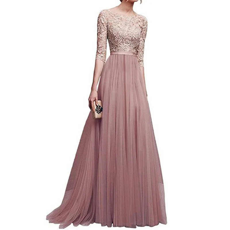 New elegant half sleeve chiffon lace stitching floor-length women party prom evening red long dress female clothing clothes