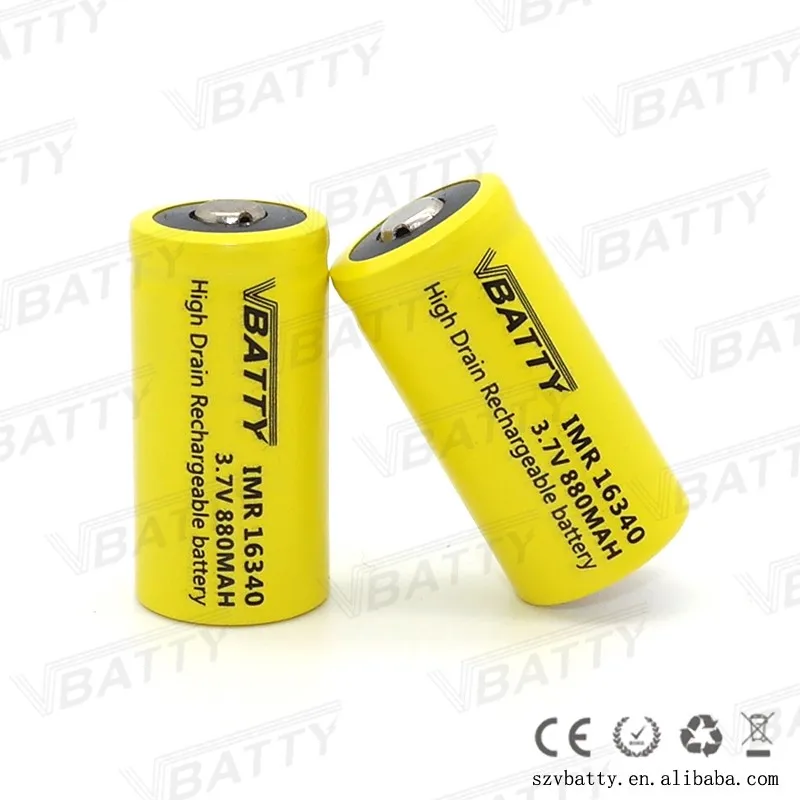 Vbatty IMR 16340 880mah 12A 3,7 V перезаряжаемая литий-ионная батарея высокого стока с верхней кнопкой(1 шт