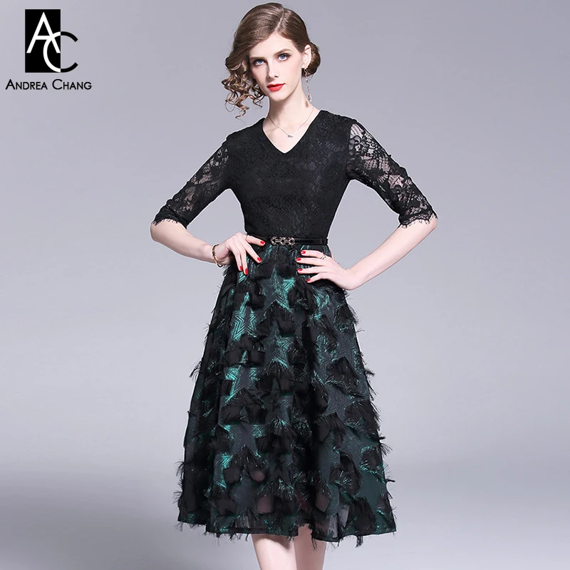 

S-XXL designer woman dress half sleeve v-neck black lace top black tassel applique green star pattern over knee dress ball gown