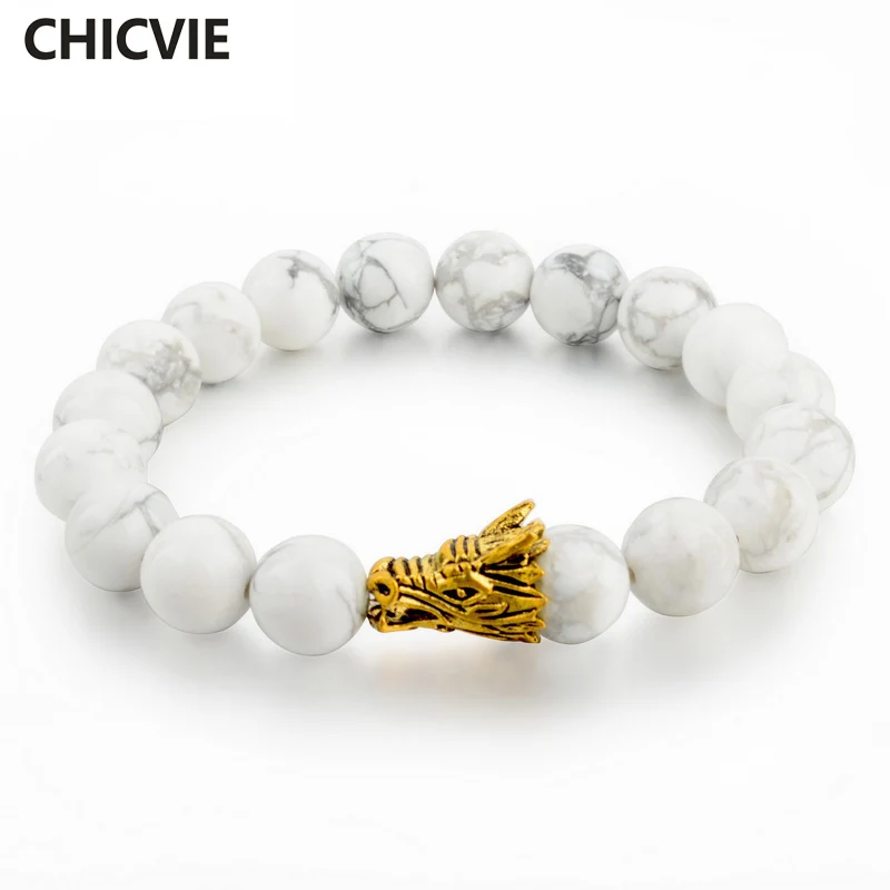 

CHICVIE Custom White Dragon Head Personalized Bracelets & Bangles For Women Gold Casual Natural Stone Jewelry Bracelet SBR160139