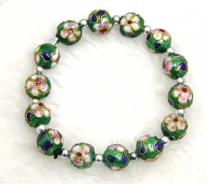 Cloisonne зеленый круглый 10 мм бусины и тибетский серебряный браслет из бусин bra124