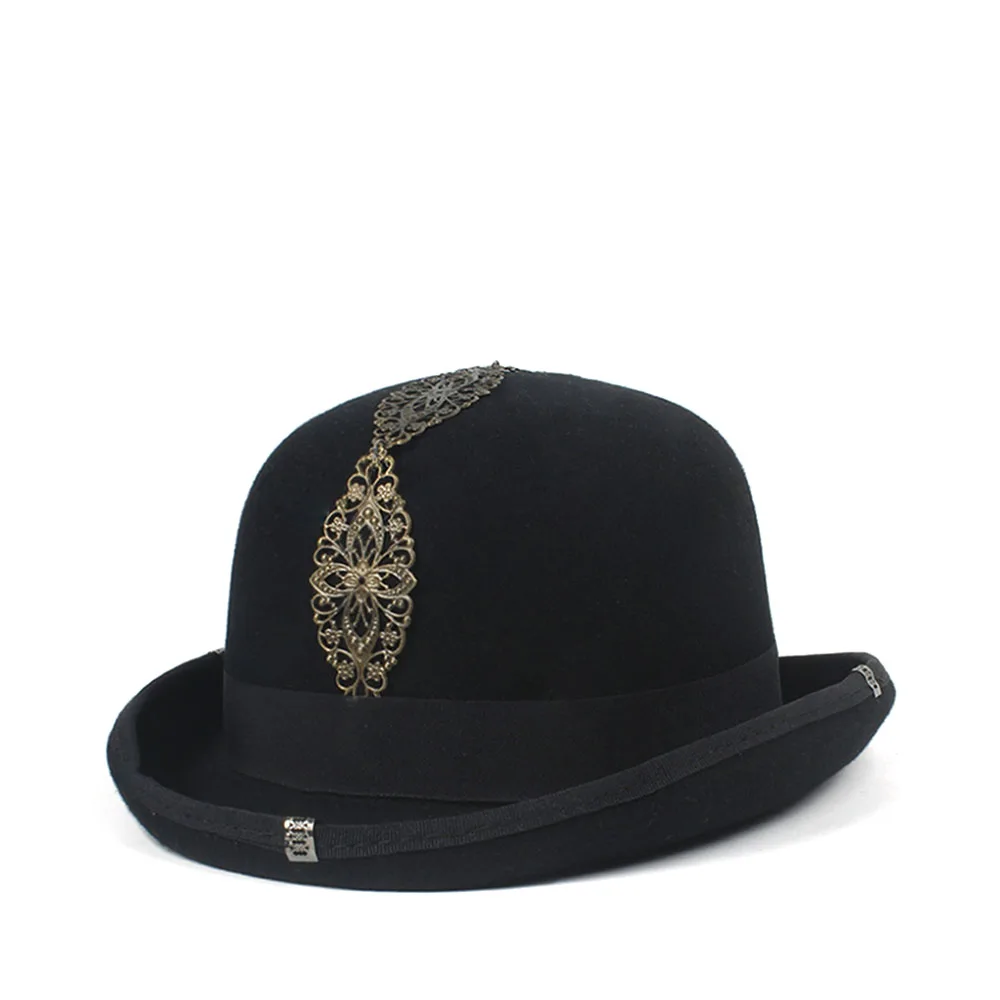 4Size 100 Wool Women's Men's Black Bowler Hat Gentleman CrushableTraditional Billycock Groom