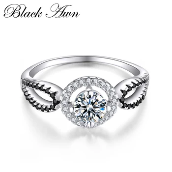 

BLACK AWN 2019 New Genuine 100% 925 Sterling Silver Jewelry Black&White Stone Engagement Rings for Women Femme Ring C244
