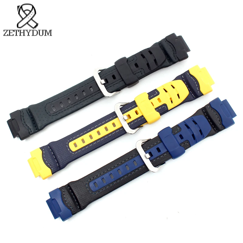 

silicone watch band Genuine leather edge watchstrap convex interface 16mm black/yellow/blue color watch strap band for casio