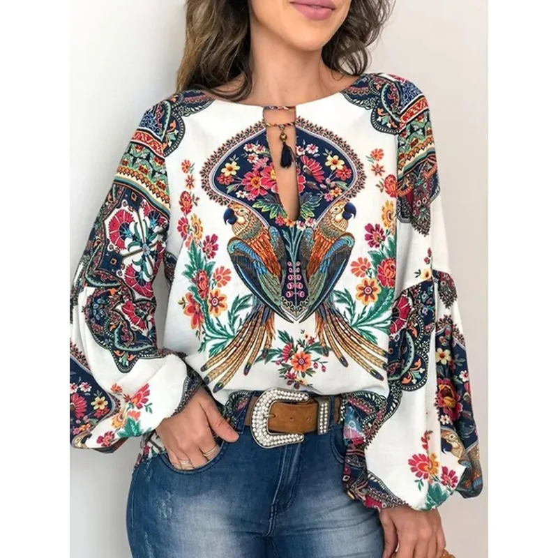 

2019 New Personalized Printed Shirts Hollow Out O Neck Lantern Sleeves Women Tops and blouses holiday beach