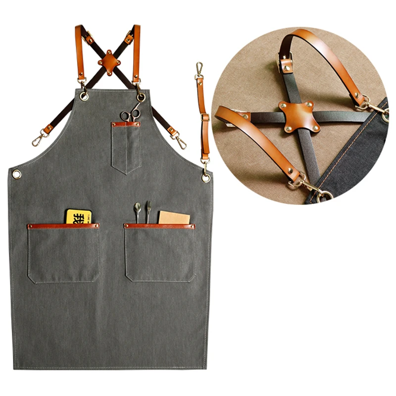  New Denim Bibs Cowboy Aprons for Women Men Leather BBQ Chef Home Kitchen Dress Barber Hairdress Caf - 33027604729