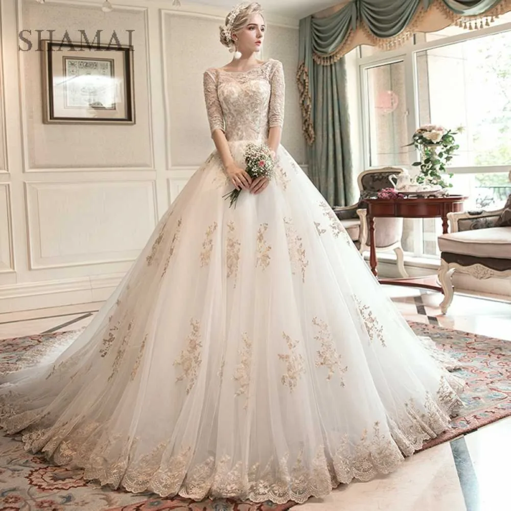 

SHAMAI Wedding Dresses 2019 3/4 Sleeve Ball Gown Wedding Gown Court Train Lace Appliques Bridal Gown Vestido de Novia