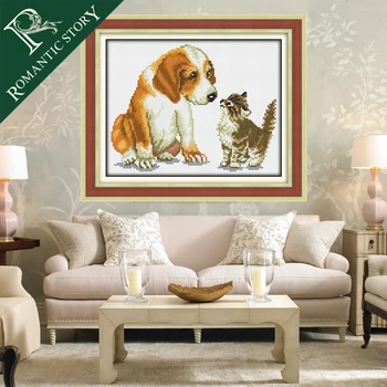 

RomanticStory Cute Dog and Cat Scenery Patterns Counted Cross Stitch 11CT Cross Stitch Kits for Embroidery Home Decor Needlework
