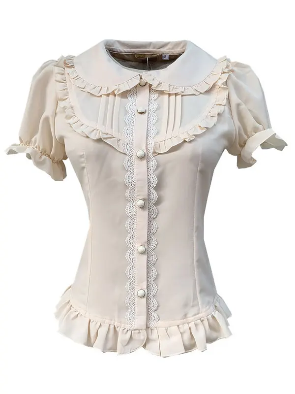 

Sweet Lolita Blouse Lace Ruffles Short Sleeve White Chiffon Shirt