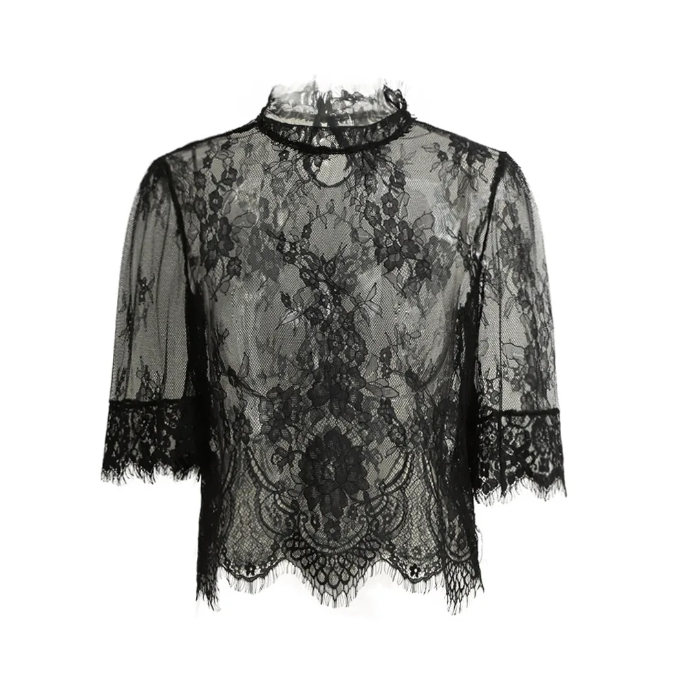 

2019 Sexy Sheer Lace Crop Top Women Embroidery Lace Tops High Neck Half Sleeve Ladies Blouse Mesh Shirt Clubwear Blusas Black