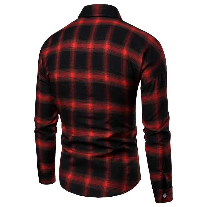 Drop Shipping Men Plaid Shirt Long Sleeve Flannel Shirts 2019 Fashion Casual Red Checkered Man Clothes Cotton Chemise Homme Blue