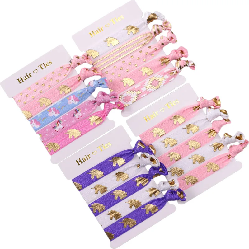 

10sets 5/8" FOE Hair Tie Unicorn printed Knotted Girl FOE Hair Ties Fold Over Elastic Hair Accessories LC03
