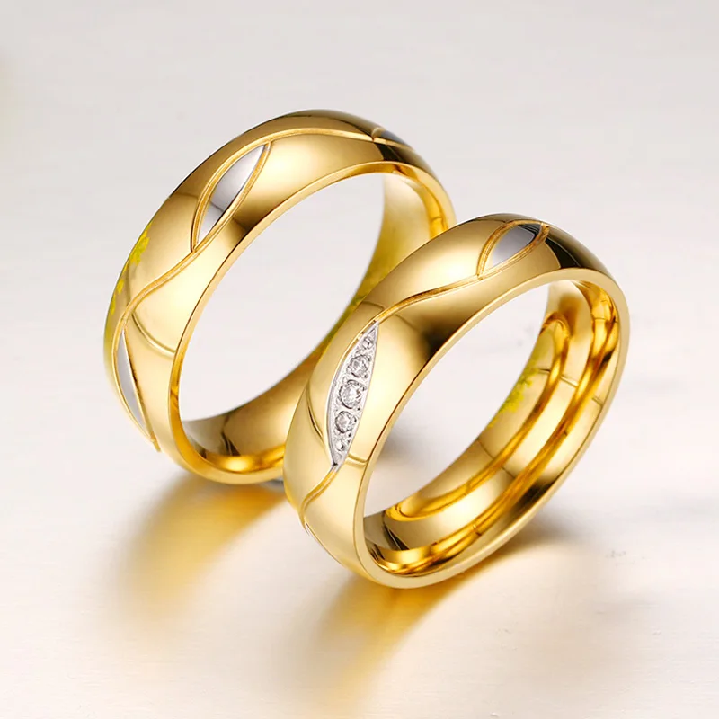 Meaeguet Classic Couple Rings For Lover's Cubic Zirconia Wedding Ring Gold-Color Stainless Steel Anel Jewelry