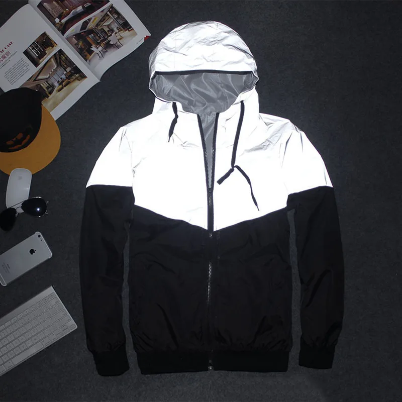 

New Men Jacket Autumn Patchwork High Visibility Reflective Jacket Hip Hop Casual Waterproof Windbreaker Men Coat