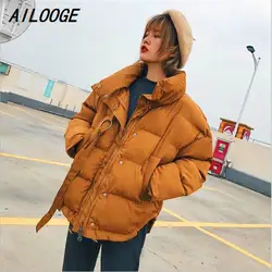 AILOOGE зимняя куртка Для женщин плюс Размеры Для женщин s парки утепленная верхняя одежда одноцветное воротник-стойка пальто короткий