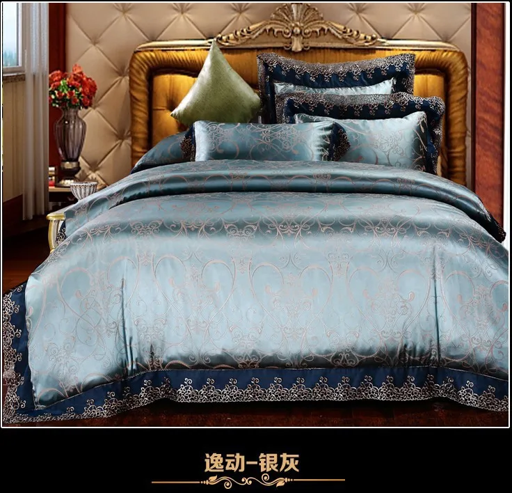 Luxury silver grey lace satin jacquard bedding set king queen size