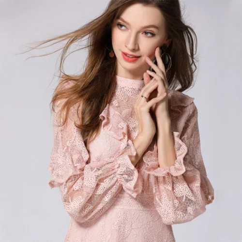 2018 Autumn New Long-sleeved Ruffled Midi Temperament Lady Openwork Embroidered Long Lace Dress Dresses