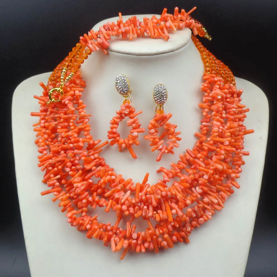 Mode Nigeria de mariage Africain ensembles de bijoux plaqué or cristal perles Avec Marine corail collier + bracelet + boucles d\u0027oreilles de nigeria wedding