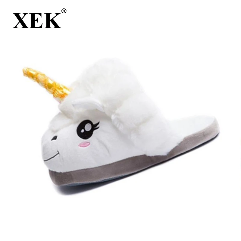 

XEK Home Cartoon Unicorn Warm Cotton Plush Slippers Soft Funny Animal Monster Slipper For Grown Ups Indoor\Floor Shoes ST225