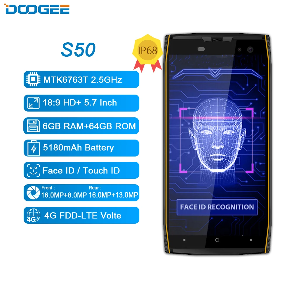 DOOGEE S50 IP68 Waterproof 5.7inch MTK6763T 2.5 GHz Octa Core 6GB 64GB Quad Cameras 16.0MP Smartphone 5180mAh Fast Charge DOOGEE S50 IP68 Waterproof 5.7inch MTK6763T 2.5 GHz Octa Core 6GB 64GB Quad Cameras 16.0MP Smartphone 5180mAh Fast Charge