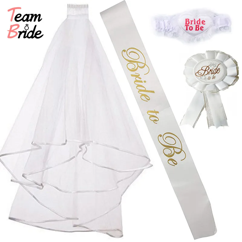 

Team Bride 1set White Bridal Wedding Veil Bride To Be Satin Sash Bachelorette Party girls Hen Party Bridal Shower Kit Decoration