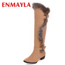 ENMAYLA/теплые высокие сапоги на кроличьем меху женские сапоги до колена на низком каблуке с круглым носком женская зимняя обувь с пряжкой женские сапоги