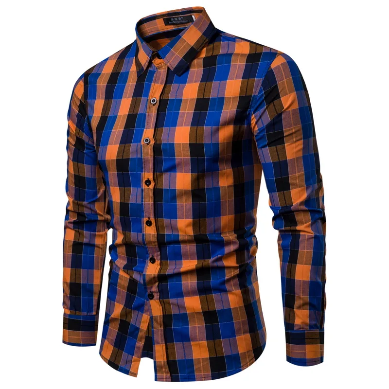 Drop Shipping Men Plaid Shirt Long Sleeve Shirts 2019 Fashion Casual Multi-color Checkered Cotton Chemise Homme