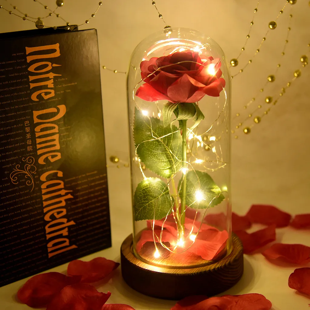 Flower Beauty And The Beast Romantic Simulation Rose Glass Cover Led Micro Landscape Decoration Maison Fleur Artificielle Rose