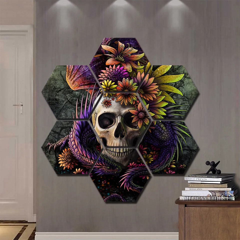 

Canvas Prints Poster Home Decor 7 Pieces Flower Skull Paintings For Living Room Wall Art Gorgeous Halloween Theme Pictures Frame