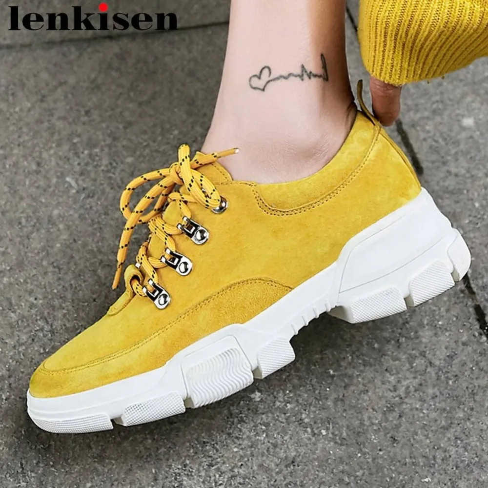 

Lenkisen concise style pig leather thick bottom platform lace up sneakers preppy style campus daily wear vulcanized shoes L36