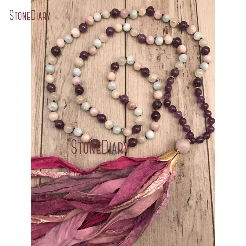 20180313-NM11117-Aquamarine, Amethyst, Kunzite, and Moonstone Mala Necklace Sari Silk Tassel Hand knotted 108 Mala Beads Boho Tassel Jewelry Gemstone Mala