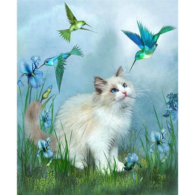 

New Cat Diamond Cross Stitch Craft Plastic Canvas Bag Blue Bird and White Cat in Grassland Diamond Embroidery Mosaic Art