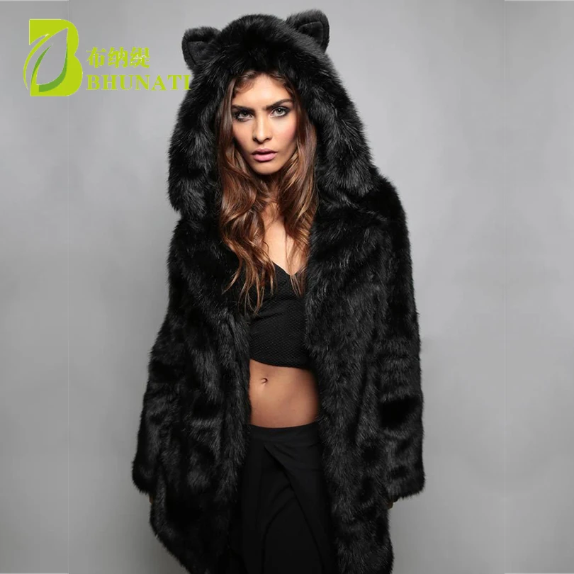 

BHUNATI Winter Long Thick Warm Fur Coat Women Cute Animal Ear Hooded Faux Fur Coats Black Lady Elegant Overcoat