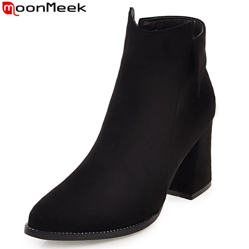 

MoonMeek 2018 autumn winter new arrive women boots flock pointed toe zipper ladies ankle boots black big size 32-47