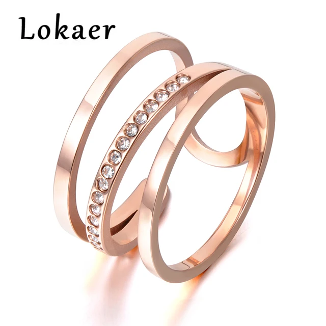 Lokaer Newest Design Titanium Steel Rings Luxury Rose Gold Color Micro Pave AAA Cubic Zircon Wedding Ring For Women R171390333R
