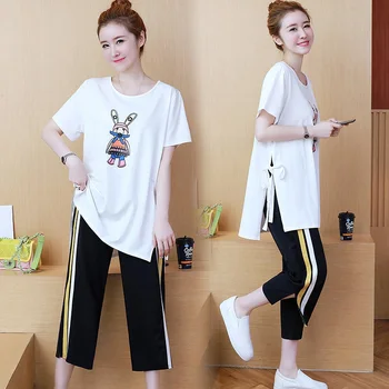 

Summer new Korean fashion pregnant women suit cartoon print shirt + seven-leg wide leg lift pants