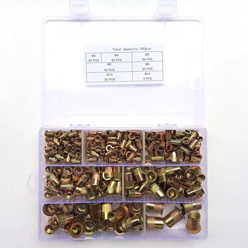 

300Pcs/set M3 M4 M5 M6 M8 M10 M12 Rivet Nuts Zinc Plated Rivnuts Insert Rivet Multi Size Kit Flat Head Threaded Rivet Insert Nut