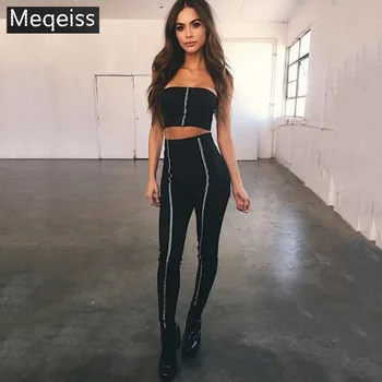 

2019 New Summer Rayon Bandage Outfit Two Pieces Set Women Black Strapless Crop Tops& Pants Metal Chain Celebrity Party Outfits