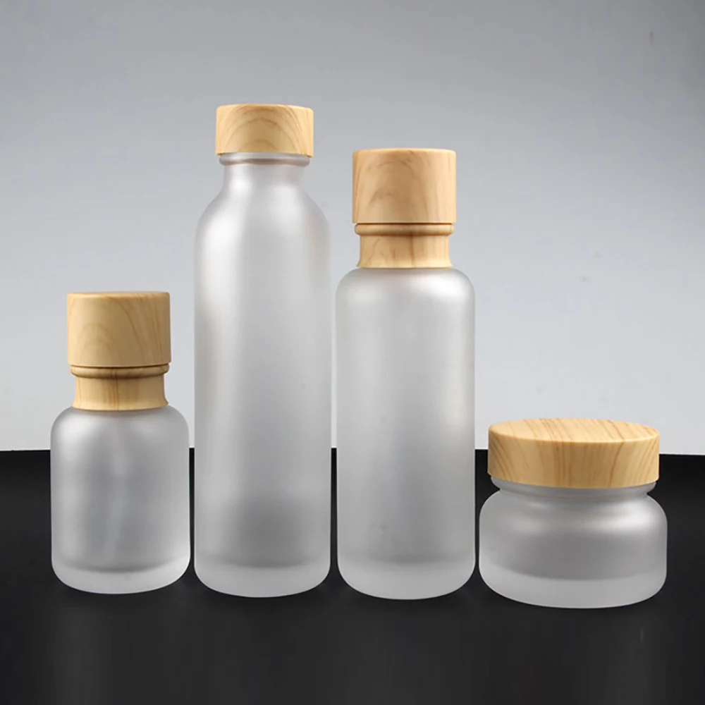 Модные матовые бутылки сыворотки 110 мл матовые стеклянные банки с деревянной крышкой для косметической упаковки