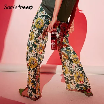 

Samstree Floral Wide Leg Pants Urban Gypsy Women 2019 Autumn Chiffon Loose Elastic Waist Bohemia Office Ladies Trousers