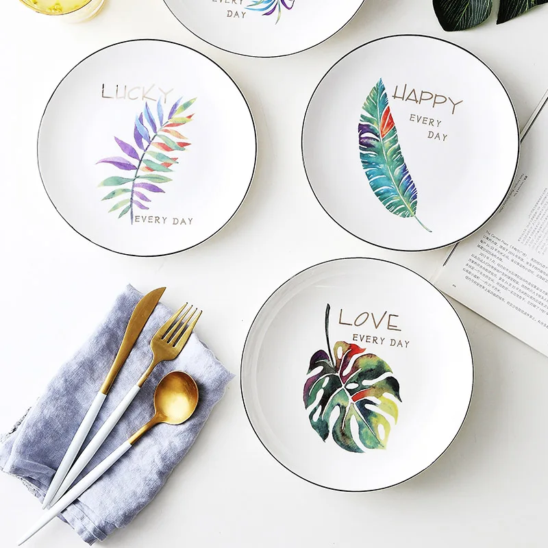 

4Pc Green Plants Ceramic Dinner Plate Tableware Dessert Cake Snacks Dish Western Food Beef Steak Plate Dinner Set plate