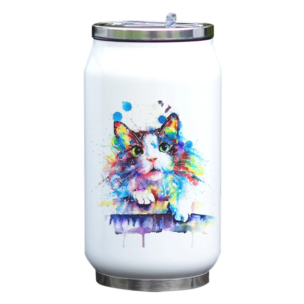 Акварель милый кот чашка кока-колы воды Термос стали вакуумной изоляцией бутылка с соломинкой уникальный дизайн подарок крутая печать