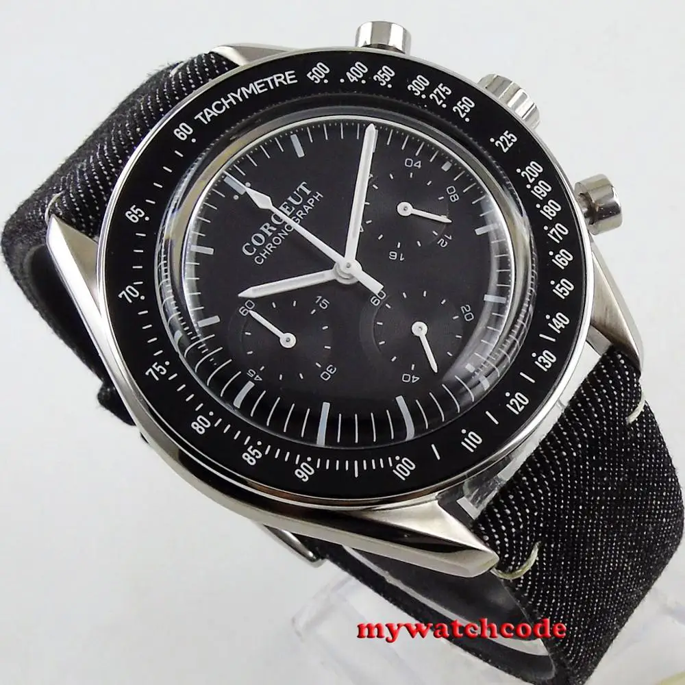 Новое Поступление Топ бренд класса люкс 40 мм corgeut черный циферблат сталь 24 часа Кварцевые Полный хронограф мужские часы C176