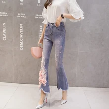 MUMUZI Высокая талия узкие женские джинсы тертые рваные расклешенные Штаны Джинсы Сексуальная Регулярный Штаны Рваные джинсы для Для женщин Жан